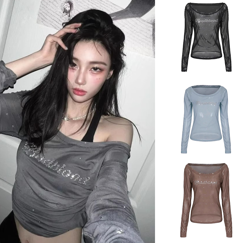 韩国badblood烫钻透视斜肩T恤女小众设计高级感纯欲网纱打底上衣