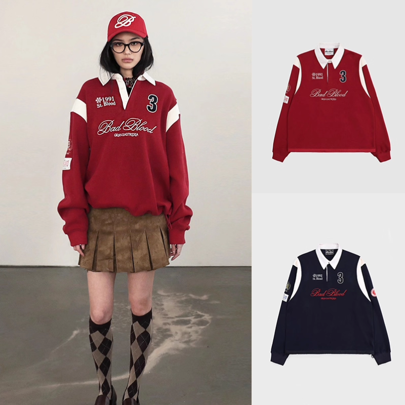 韩国badblood美式慵懒风卫衣女休闲宽松撞色刺绣长袖运动球衫