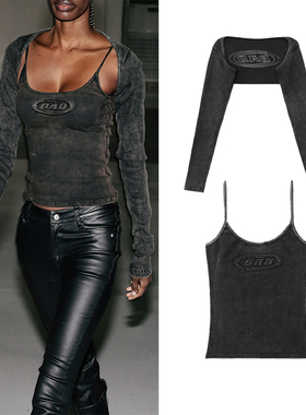 韩国badblood美式复古街头水洗做旧修身吊带背心外搭辣妹长袖坎肩