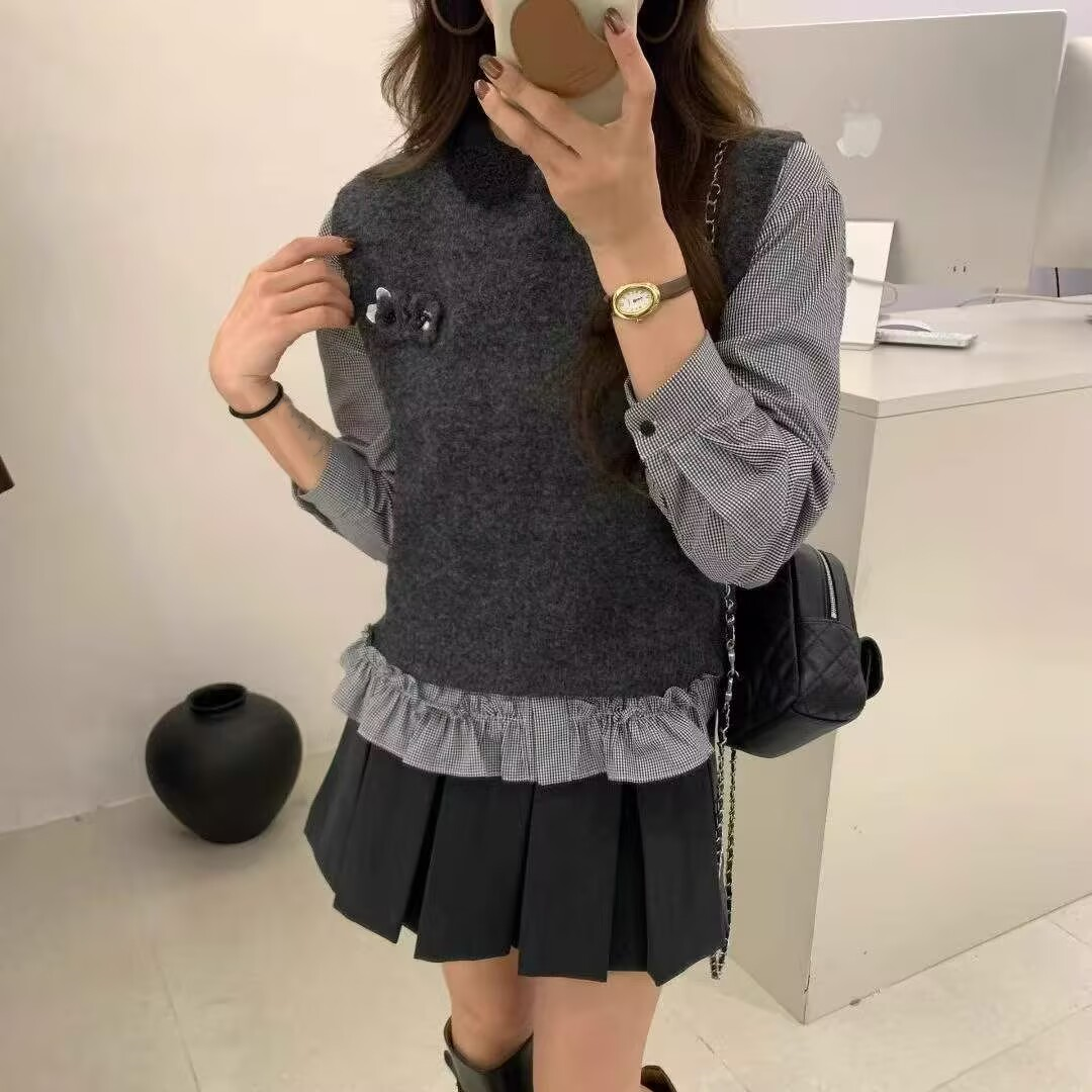 X.XIU新袖89138秋款韩系蕾丝娃娃领木耳边格子衬衫针织马甲套装女