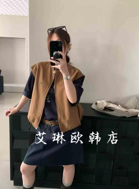 福利~卡蔓enxi20526秋款内里拼接格子休闲宽松马甲女无袖坎肩上衣