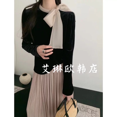 土布鱼8206秋季新款法式撞色系带蝴蝶结长袖丝绒衬衫通勤上衣女