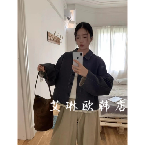 米鹿69193秋条纹拼接牛仔外套女