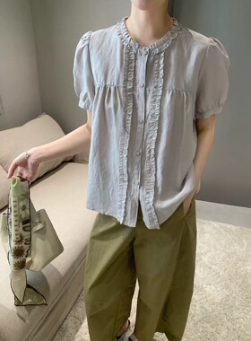特价卡蔓诗KMS30888夏款韩系圆领泡泡袖亚麻莱赛尔木耳边上衣衬衫