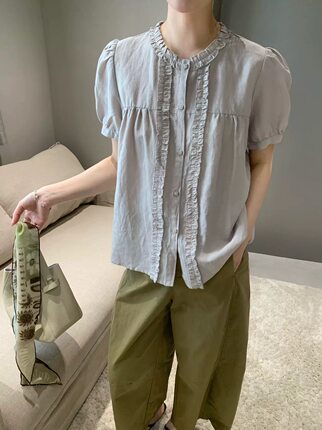 特价卡蔓诗KMS30888夏款韩系圆领泡泡袖亚麻莱赛尔木耳边上衣衬衫