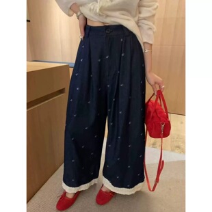 miluroom sicily米鹿25198秋款下摆拼接蕾丝花边刺绣阔腿牛仔裤女