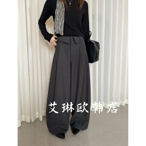 TOP68131秋季新款翻边腰头宽松显瘦百搭垂感直筒阔腿裤休闲西装女