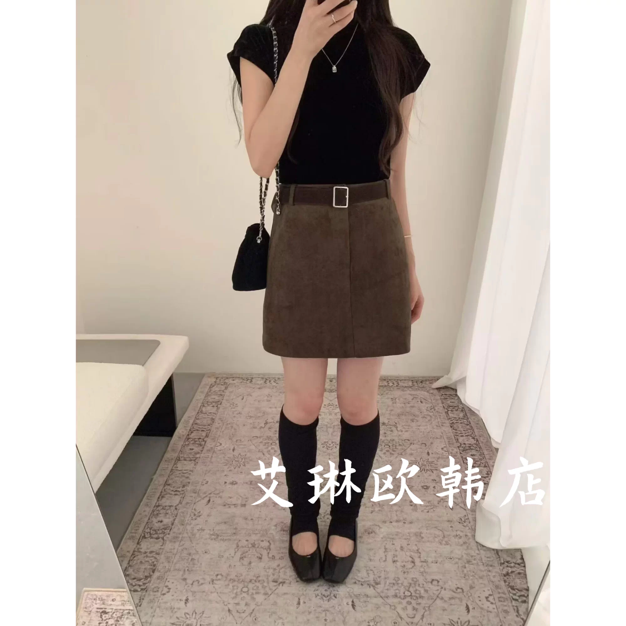 土布鱼8192秋季新款配腰带显瘦百搭麂皮绒半身裙防走光短裙女