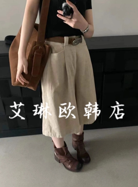 特价浅之夏QZX10558秋配腰带后松紧腰直筒阔腿灯芯绒七分裤女