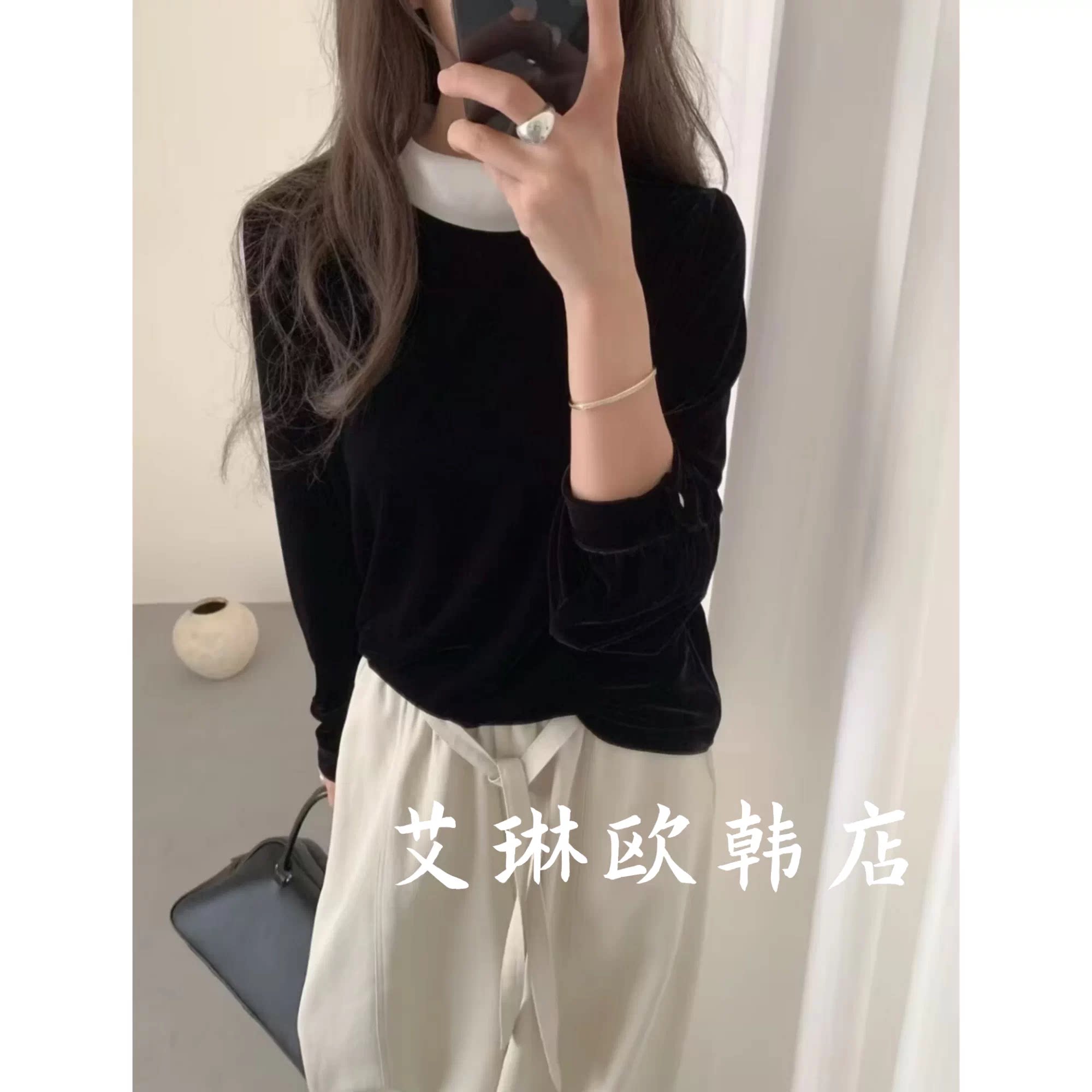 土布鱼8165秋季新款法式赫本风撞色立领显瘦百搭丝绒长袖衬衫女