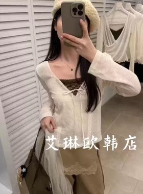 新袖26709秋款纯欲风V领系带拼蕾丝假两件细针织衫打底女