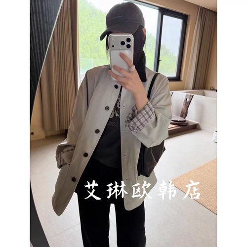 about moon月亮家54142秋款韩系复古格子拼接中长款风衣外套女
