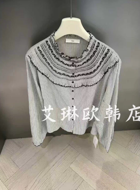 卡蔓enxi20573秋装新款韩系木耳边立领单排扣条纹长袖衬衫女