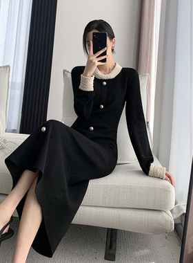 新品 新品 高档长款毛衣裙气质名媛法式赫本风黑色洋气针织连衣裙