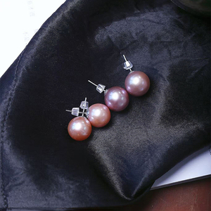 天然淡水紫珍珠纯银镶嵌款耳钉珠光亮圆度好女款珍珠耳饰礼物