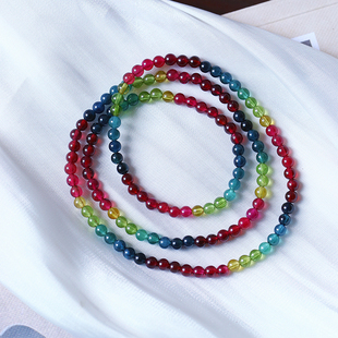天然老矿碧玺色标款三圈手链 颜色好 女款水晶碧玺手串饰品礼物