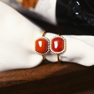 女南红指环饰品 天然川料南红玛瑙满色满肉柿子红925纯银镶嵌戒指