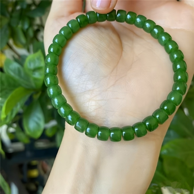 天然俄罗斯碧玉冰底菠菜绿老型珠款单圈手链 女款玉石手串饰品