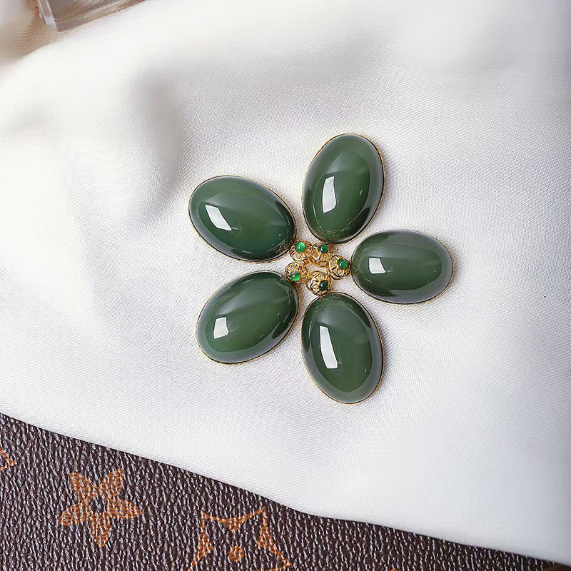 精品天然俄罗斯碧玉蛋面18K金镶嵌款吊坠 男女款玉石挂坠饰品