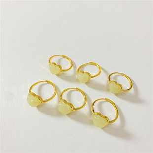 天然和田玉黄口料爱心裸石纯银镶嵌款戒指女款简约款戒圈饰品礼物