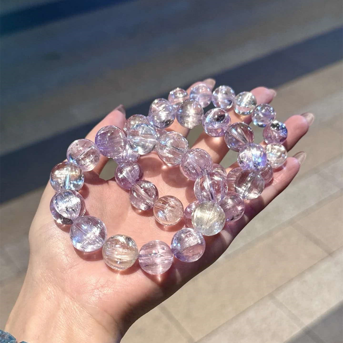 精品 天然水晶冰透拉丝猫眼紫锂辉单圈款手链 女款高端水晶饰品