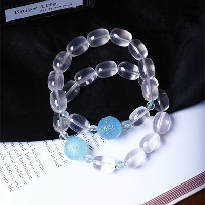 天然粉水晶桶珠搭配海蓝宝回纹珠原创款手链女款清新水晶饰品礼物