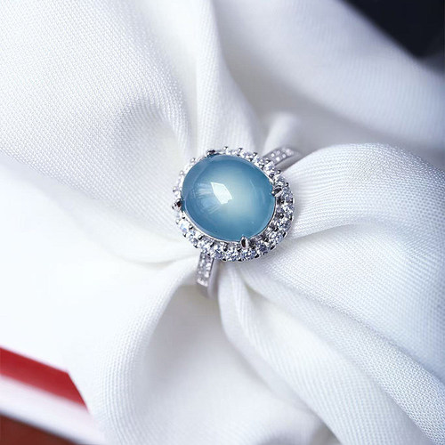 天然A货翡翠危料蓝水大蛋面纯银镶款戒指 女款时尚翡翠戒指饰品