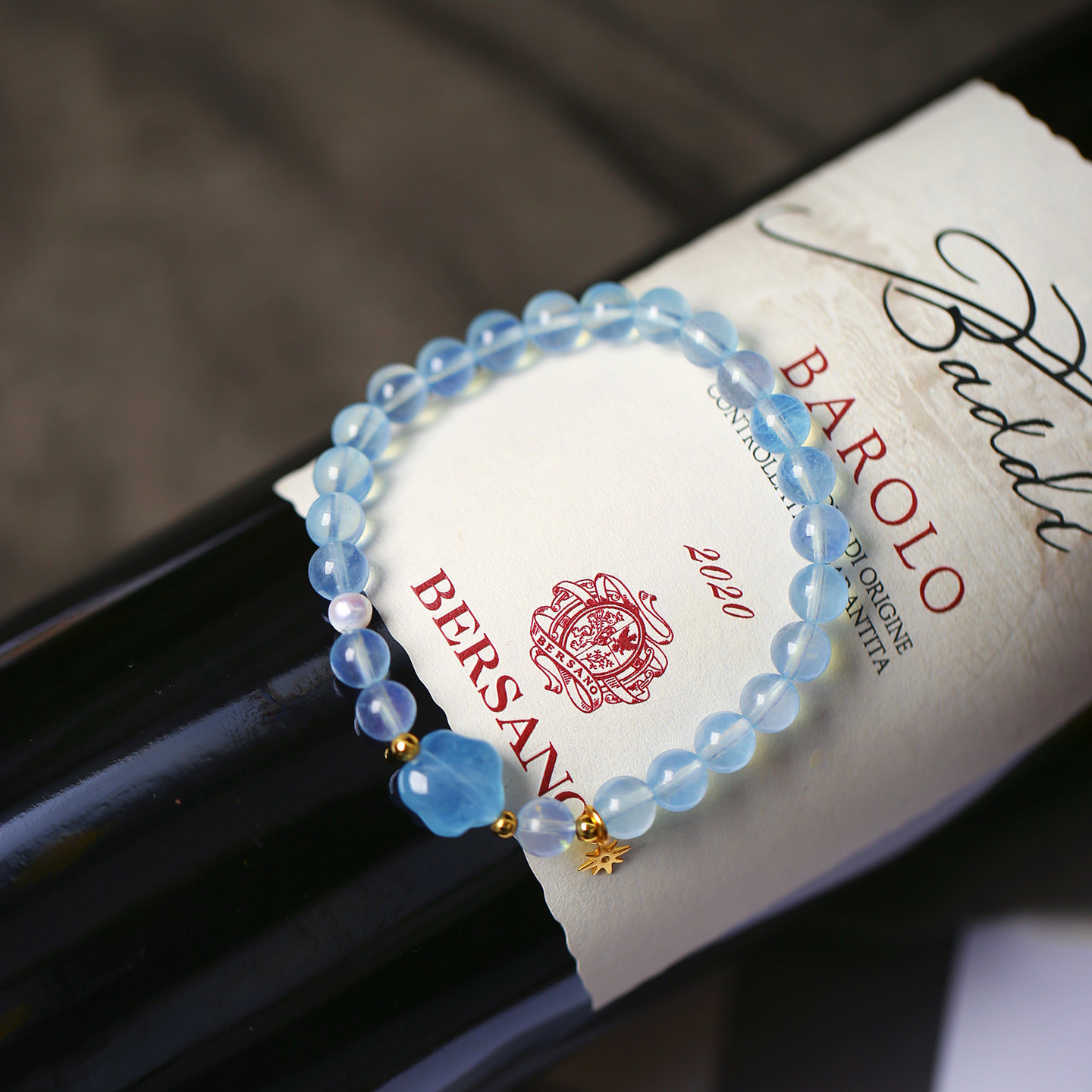 天然水晶海蓝宝圆珠原创搭配款单圈手链 女款简约清新款手串饰品