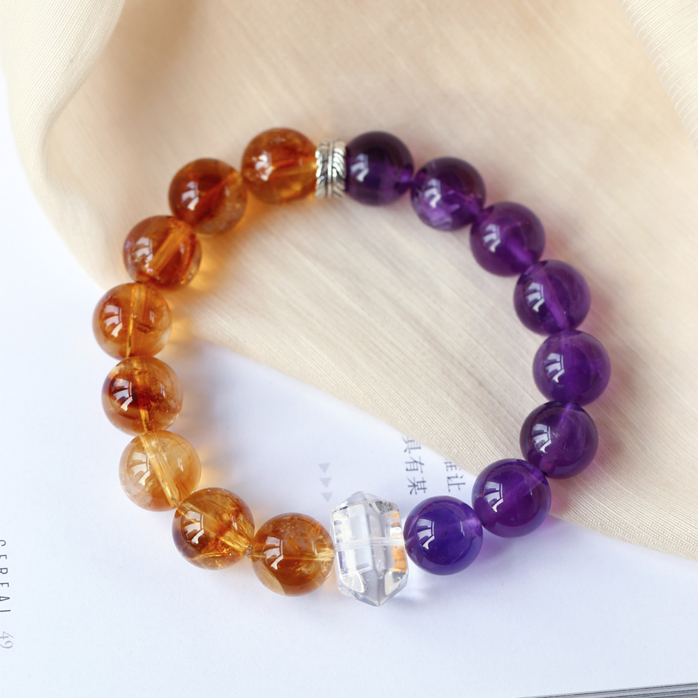 黄水晶金字塔圆珠搭配紫水晶手链