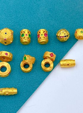 925古法银镀金彩锆桶珠天珠隔片多棱珠配饰配珠diy手链串珠配件