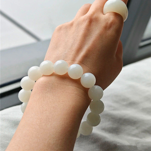 天然和田玉俄料羊脂白玉圆珠款手链 男女款白玉玉石素圈手串饰品