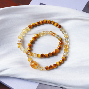 天然巴西黄水晶两圈手链黄虎眼石金虎眼双圈手串 男女搭配饰品