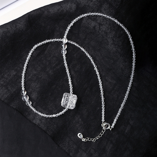 天然白水晶刻面项链搭配雕刻牡丹花方糖锁骨链 礼物饰品 女可调节