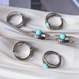 天然原矿绿松石纯银镶嵌六字真言款戒指男女款松石复古款指环饰品