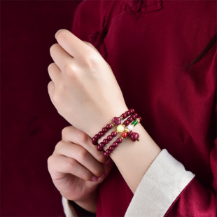 天然原矿朱砂手链男女款三圈福字朱砂多圈轻奢莲花吊坠手链本命年