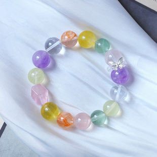 天然水晶多宝色单圈手链 饰品 配粉水晶紫水晶黄水晶萤石等原创款