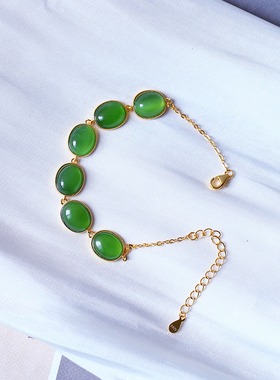 碧玉冰阳绿蛋面纯银镶嵌款手链