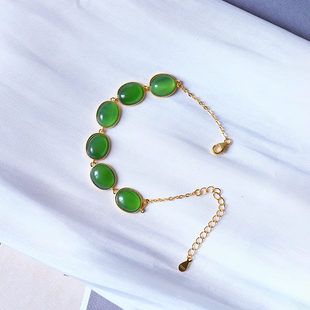 天然俄罗斯碧玉冰阳绿蛋面纯银镶嵌款 玉石银手链饰品礼物 手链女款