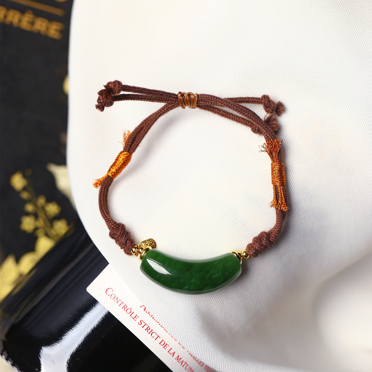 天然俄罗斯碧玉雕刻弯管手工编织款手绳手链 可调节 男女碧玉饰品