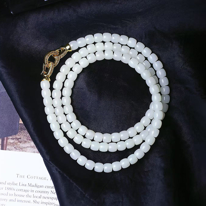 天然和田玉新疆米达料直切款佛珠链项链 油润感好男女款玉石饰品