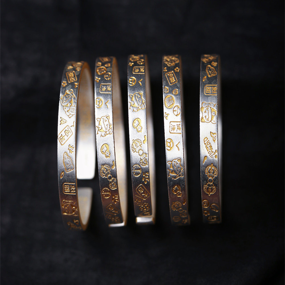 999足银描金吉言手镯 女款时尚流行手饰手镯饰品礼物