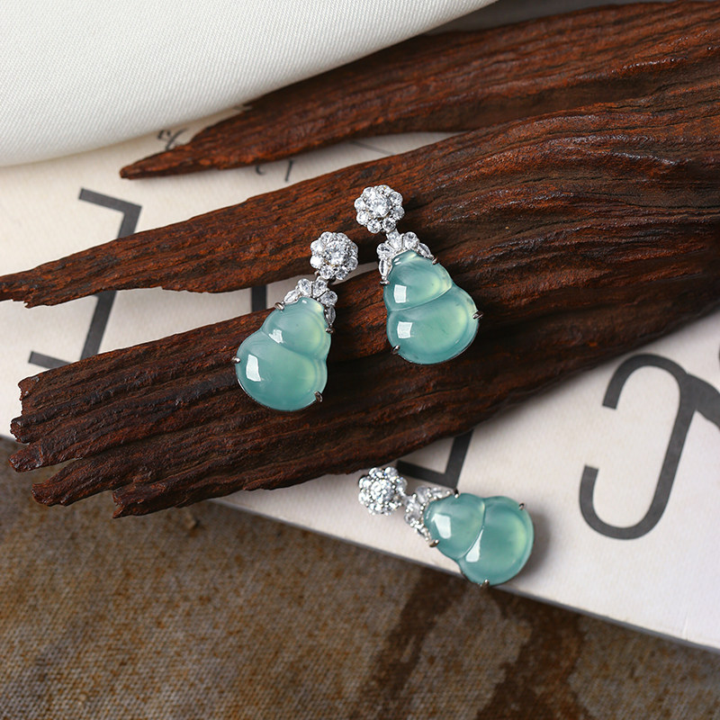 天然A货翡翠蓝水料葫芦纯银镶嵌款吊坠 女款翡翠吊坠饰品