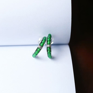 天然A货翡危料帝王绿纯银镶嵌耳钉 女时尚翡翠精工银耳环饰品礼物