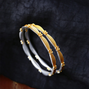 999足银描金桂花藕节闭口款手镯 女款纯银镯子送闺蜜饰品礼物