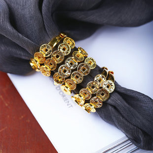 999足银电镀黄金钱币款戒指 女款个性五帝钱款纯银时尚款戒指饰品