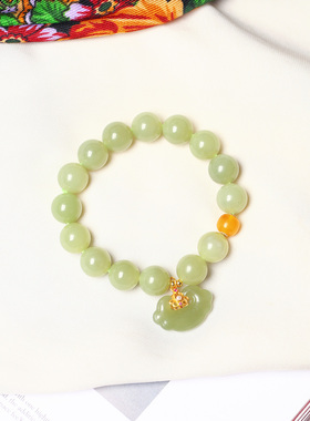 天然和田玉青黄口圆珠原创搭配款单圈手链女款玉石设计款手串饰品