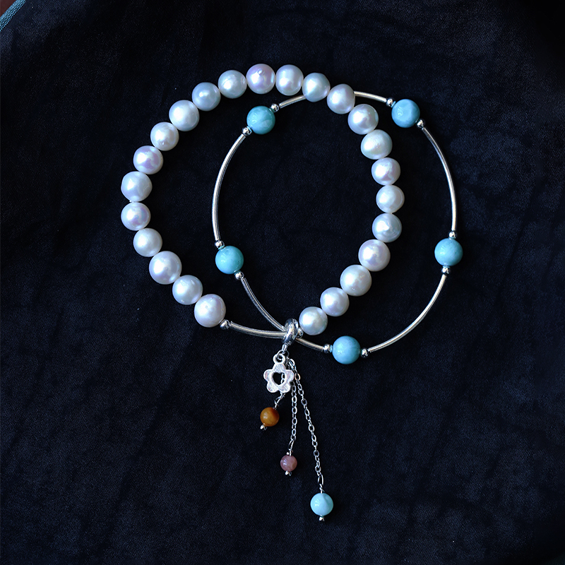 天然淡水珍珠搭配海纹石纯银弯管配件原创设计款手链女款珍珠饰品