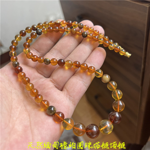 天然缅甸料琥珀金棕珀圆珠款塔链链项链 女款虎珀颈链妈妈链饰品