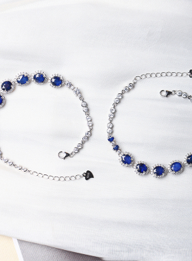 精品彩宝 天然蓝宝石纯银镶嵌手链 女款蓝宝石手串饰品礼物送女友