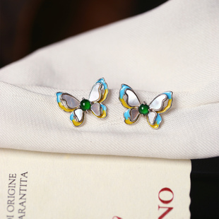 天然A货翡翠危料帝王绿蛋面纯银珐琅彩镶嵌蝴蝶款 女翡翠耳饰 耳钉